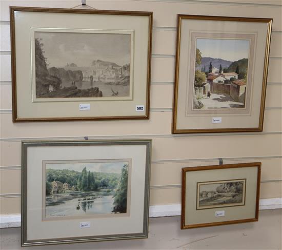 Amos Green (1735-1807), Picturesque landscape, ink wash, Percy Robertson, Sonning Bridge, ink wash and two watercolours
